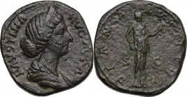 Faustina II, wife of Marcus Aurelius (died 176 AD). AE As, Rome, struck 161-175 AD. Draped bust of Faustina to right. / Diana standing right, holding ...