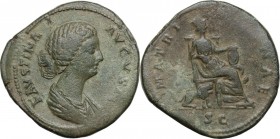 Faustina II, wife of Marcus Aurelius (died 176 AD). AE Sestertius, struck under Marcus Aurelius. Draped bust right. / Cybele, holding drum, seated rig...