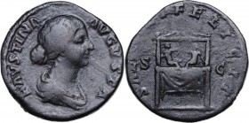 Faustina II, wife of Marcus Aurelius (died 176 AD). AE Sestertius, 161-176. Bust right, draped. / Two infants (Commodus and Antoninus) on pulvinar. RI...