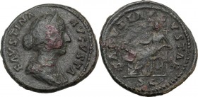 Faustina II, wife of Marcus Aurelius (died 176 AD). AE As, 161-176. Bust right, draped. / Salus seated left, feeding from patera snake coiled around a...