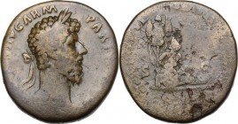Lucius Verus (161-169). AE Sestertius, 166 AD. Laureate head right. / Parthian seated right at base of trophy, with hands bound behind back. Cf. RIC I...