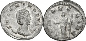 Salonina, wife of Gallienus (died 268 AD). BI Antoninianus, 253-260. Draped bust right, wearing stephane, set on crescent. / Juno standing left, holdi...