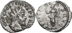Postumus (259-268). AR Antoninianus. Mint I (Treveri). 3rd emission, 263-265 AD. Radiate, draped, and cuirassed bust right. / Felicitas standing facin...