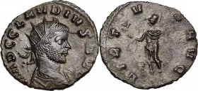 Claudius II Gothicus (268-270). BI Antoninianus. Bust right, radiate, cuirassed. / Soldier standing left, holding branch and spear; at feet, shield. R...