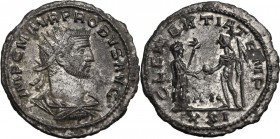 Probus (276-282). AR Antoninianus, Siscia mint. Bust right, radiate, draped, cuirassed. / Emperor standing right in military attire, holding scepter t...