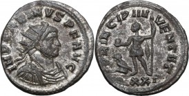 Carinus (283-285). BI Antoninianus. Ticinum mint, 4th officina, 282 AD. Radiate, draped, and cuirassed bust right. / Carinus standing left, holding gl...