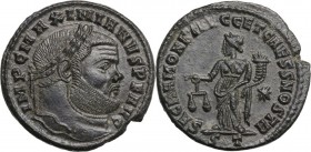 Maximian (286-310). AE Follis, 304-305, Ticinum mint. Head right, laureate. / Moneta standing left, holding scales and cornucopiae; to right, star. RI...