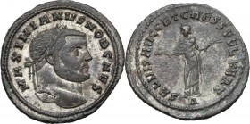 Galerius Caesar (293-305). AE Follis. Carthage mint, 4th officina. Struck circa 299-303 AD. Laureate head right. / Carthago standing facing, head left...