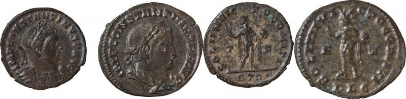 Constantine I (307-337). Lot of 2 AE Folles, Lugdunum and Trier mints. AE. About...
