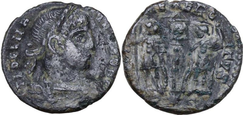 Delmatius (335-337). AE 15 mm, Siscia mint. Bust right, laureate, draped, cuiras...