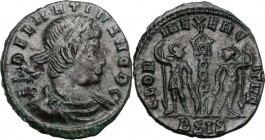Delmatius (335-337). AE 16 mm, 335-336, Siscia mint. 'Bust right, laureate, draped, cuirassed. / Two soldiers standing facing each other, holding reve...