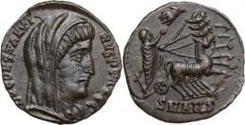Constantine II (337-340). AE 15 mm, 337-347, Antioch mint. Head right, veiled. / Constantine I in quadriga right, Hando f God reaching down to him. RI...