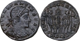 Constans (337-350). AE 16 mm, 337 AD. Siscia mint. Bust right, laureate, draped, cuirassed. / Two soldiers standing facing each other, holding in oute...