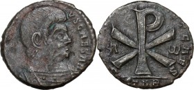 Decentius (351-353). AE Follis, Arelate mint. Bust right, cuirassed. / Christogram flanked by A-ω. RIC VIII 193. AE. 5.62 g. 23.00 mm. VF/Good VF.