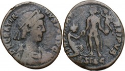 Gratian (367-383). AE 24 mm. Siscia mint, 2nd officina. Struck 378-383 AD. Pearl-diademed, draped, and cuirassed bust right. / Emperor standing facing...