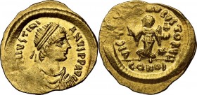 Justinian I (527-565). AV Tremissis. Constantinople mint. Diademed, draped, and cuirassed bust right. / Victory advancing right, head left, holding wr...