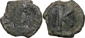Justinian I (527-565). AE Half Follis. Uncertain mint (Salona?). Struck 552/3. Diademed, draped, and cuirassed bust right. / Large K. D.O. 360; MIB 25...