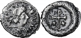 Justin II (565-578). AR Half Siliqua, Ravenna mint. Diademed and cuirassed bust right, wearing imperial mantle. / Christogram between two stars; all w...