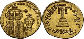 Constans II, with Constantine IV (641-668). AV Solidus, Constantinople mint, officina Γ. Crowned busts of Constans and Constantine facing, both wearin...