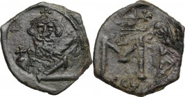 Constans II (641-668). AE Follis, Syracuse mint. Bust facing, crowned, draped, with long beard, holding globus cruciger. / Large M; above, monogram; b...