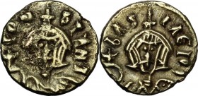 Basil I the Macedonian, with Constantine (868-879 AD). Debased AV Semissis (?), Syracuse mint. Bust facing, wearing crown and loros, and holding globu...