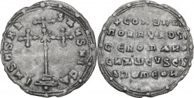 Constantine VII and Romanus I (920-944). AR Miliaresion. Constantinople mint. Struck 945-959. Cross-crosslet set on three steps; globus below. / Legen...