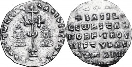 Basil II and Constantine VIII (976-1025). AR Miliaresion, Constantinople mint. Cross crosslet standing on globe set on three steps; to left, bust of B...