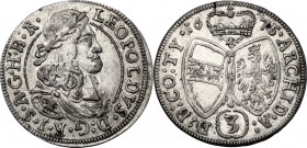 Austria. Leopold I (1657-1705). AR 3 Kreuzer 1675, Hall mint. Herinek 1419. AR. 1.60 g. 20.00 mm. Good EF.