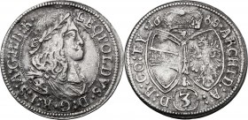 Austria. Leopold I (1657-1705). AR 3 Kreuzer 1668, Hall mint. Herinek 1412. AR. 1.46 g. 21.00 mm. VF.