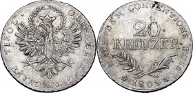 Austria. Franz II (1792-1835). AR 20 Kreuzer 1809, Hall mint. Herinek 824. AR. 6.60 g. 27.00 mm. Good VF. The last coin minted in Hall.