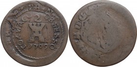 Belgium. 2 Sols 1709. KM 6; Mailliet CXII, 21. CU. 3.43 g. 24.00 mm. RR. VF. Struck during the siege of the Duke of Marlborough during the War of the ...