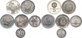 Bulgaria. Lot of six (6) AR coins: 5 Leva 1963, 1970, 1972, 1973, 1974 and 2 Leva 1963. AR. PROOF.
