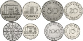 Saarland. German Republic State. Lot of four (4) coins: 100 Franken 1955, 50, 20, 10 Franken 1954. AL/AE/CU/NI.