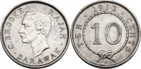 Sarawak. Charles Brooke (1868-1917), Rajah. AR 10 cents, 1913H. KM 9. AR. 2.69 g. 18.00 mm. Scarce. EF.