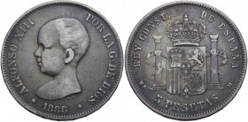 Spain. Alfonso XIII (1886-1931). 5 Pesetas 1888 MP-M, Madrid. Calicó 13. Dav. 342. AG. 24.66 g. 37.50 mm. Good F/About VF.