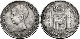 Spain. Alfonso XIII (1886-1931). AR 50 Cent 1892 (92). KM 79. AR. 17.00 mm. good VF.