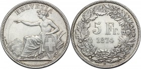 Switzerland. Confederation (1848- ). AR 5 Francs 1874 B, Bern mint. HMZ 2-1197d. AR. 25.00 g. 37.00 mm. Opus: Scarce. FDC.