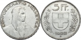 Switzerland. Confederation (1848- ). AR 5 Francs 1922 B, Bern mint. KM 37; HMZ 1199. AR. 25.00 g. 37.00 mm. VF+.