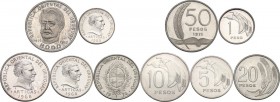 Uruguay. Lot of three (3) Proof NI-Brass coins: 10, 5, 1 Pesos 1968, in addiction 20 Pesos 1970 and 50 Pesos 1971. NI-Brass.