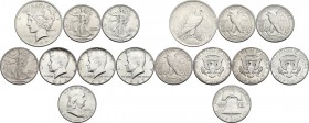 USA. Lot of eight (8) AR coins: Peace Dollar 1923, Kennedy half Dollar 1964 (2), Walking Liberty half Dollar 1943 and 1945 (2), Franklin half Dollar 1...