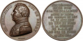 France. Charles Ferdinand d'Artois (1778-1820), Duke of Berry. AE Tribute medal of the département du Nord to the Duc de Berry, 26 august 1829. AE. 41...