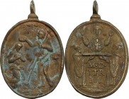 Italy. AE Religious medal, c. 17th century. Baptism of Christ. / Two priests (?) holding bust of the Virgin Mary, orans, with the Infant Christ in rad...