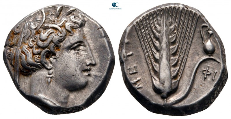 Lucania. Metapontion circa 340-330 BC. 
Stater AR

18 mm, 7,92 g

Head of D...