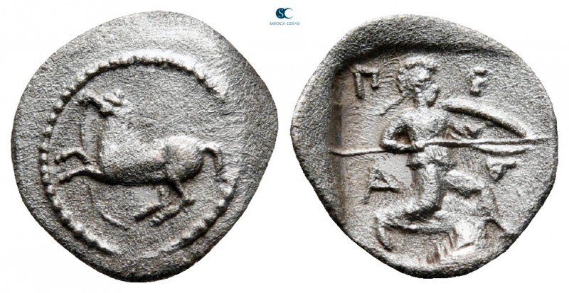 Thessaly. Perrhaebi circa 450-400 BC. 
Obol AR

12 mm, 0,81 g

Bridled hors...