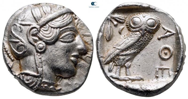 Attica. Athens circa 454-404 BC. 
Tetradrachm AR

25 mm, 16,91 g

Head of A...