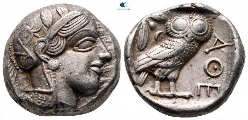 Attica. Athens circa 454-404 BC. 
Tetradrachm AR

23 mm, 17,20 g

Head of A...