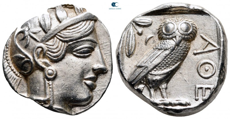 Attica. Athens circa 454-404 BC. 
Tetradrachm AR

24 mm, 15,74 g

Helmeted ...