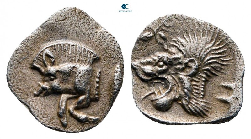 Mysia. Kyzikos circa 480 BC. 
Hemiobol AR

10 mm, 0,42 g

Forepart of boar ...
