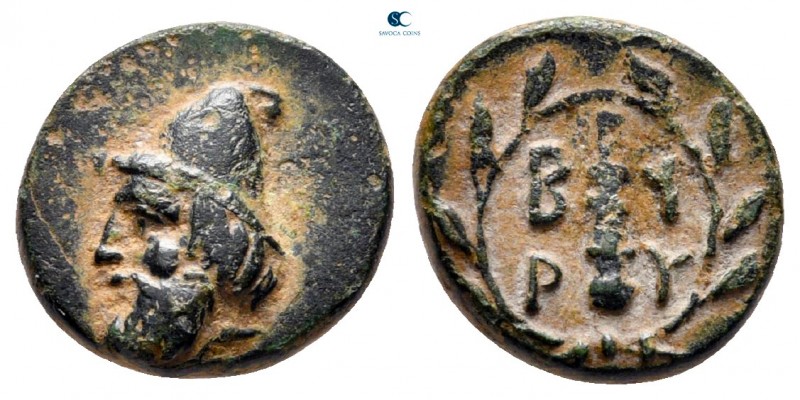 Troas. Birytis circa 350-300 BC. 
Bronze Æ

11 mm, 1,54 g

Head of Kabeiros...
