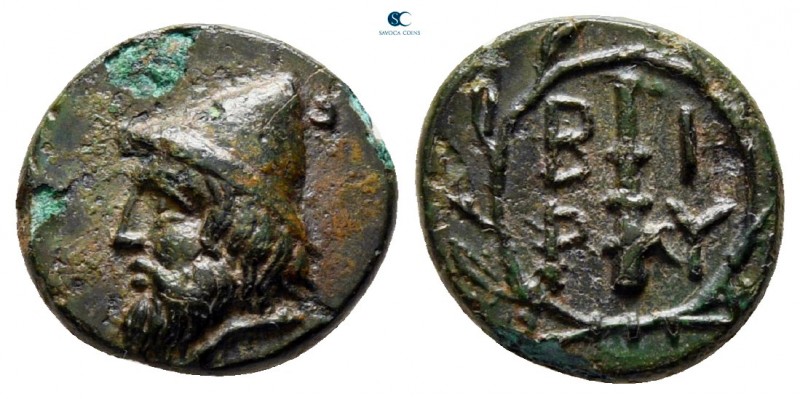 Troas. Birytis circa 350-300 BC. 
Bronze Æ

10 mm, 1,14 g

Head of Kabeiros...